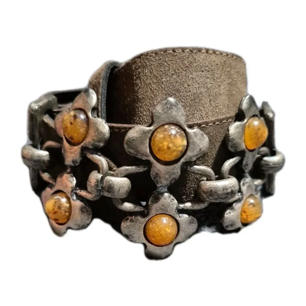 Y2K Italy Leather Floral Chain Link Belt Womens Med Waist Hip Brown Silver